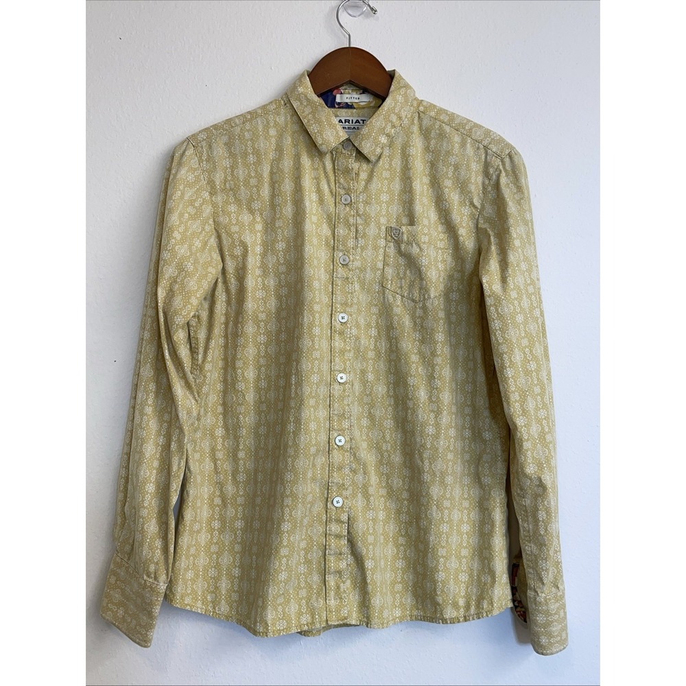 Ariat Real Fitted Shirt Womens M Yellow Floral Flip Cuff‎ sleeves Button Western